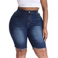 thumbnail image 4 of Gocolloa Women's Plus Size High Waisted Stretchy Jean Shorts 10" Inseam Raw Hem Denim Bermuda Shorts Dark Blue 14W, 4 of 5