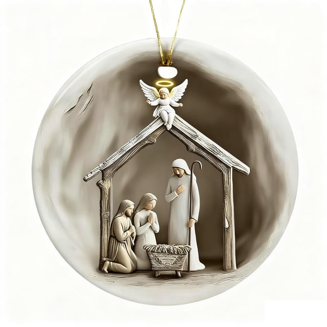Christmas Tree Decorations Round Acrylic Nativity Hanging Ornaments 8cm Accent
