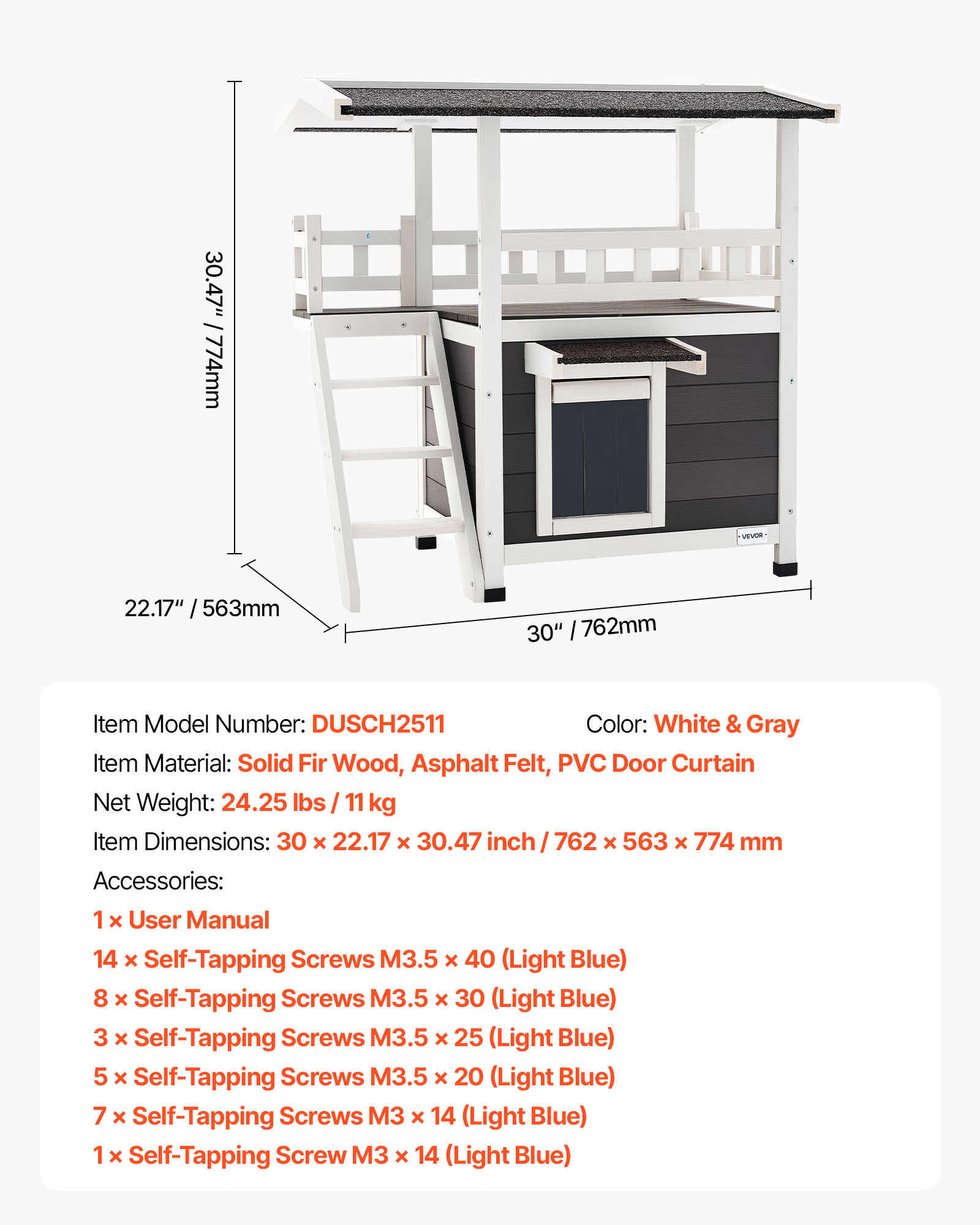 VEVOR Outdoor Cat House, 2-Story Wooden Cat Shelter with Stairs & Balcony, Elevated Feral Kitty Shelter, Spacious Room, Waterproof Cats Condos for Indoor & Outdoor Cats in Winter 30 x 22 x 30 in