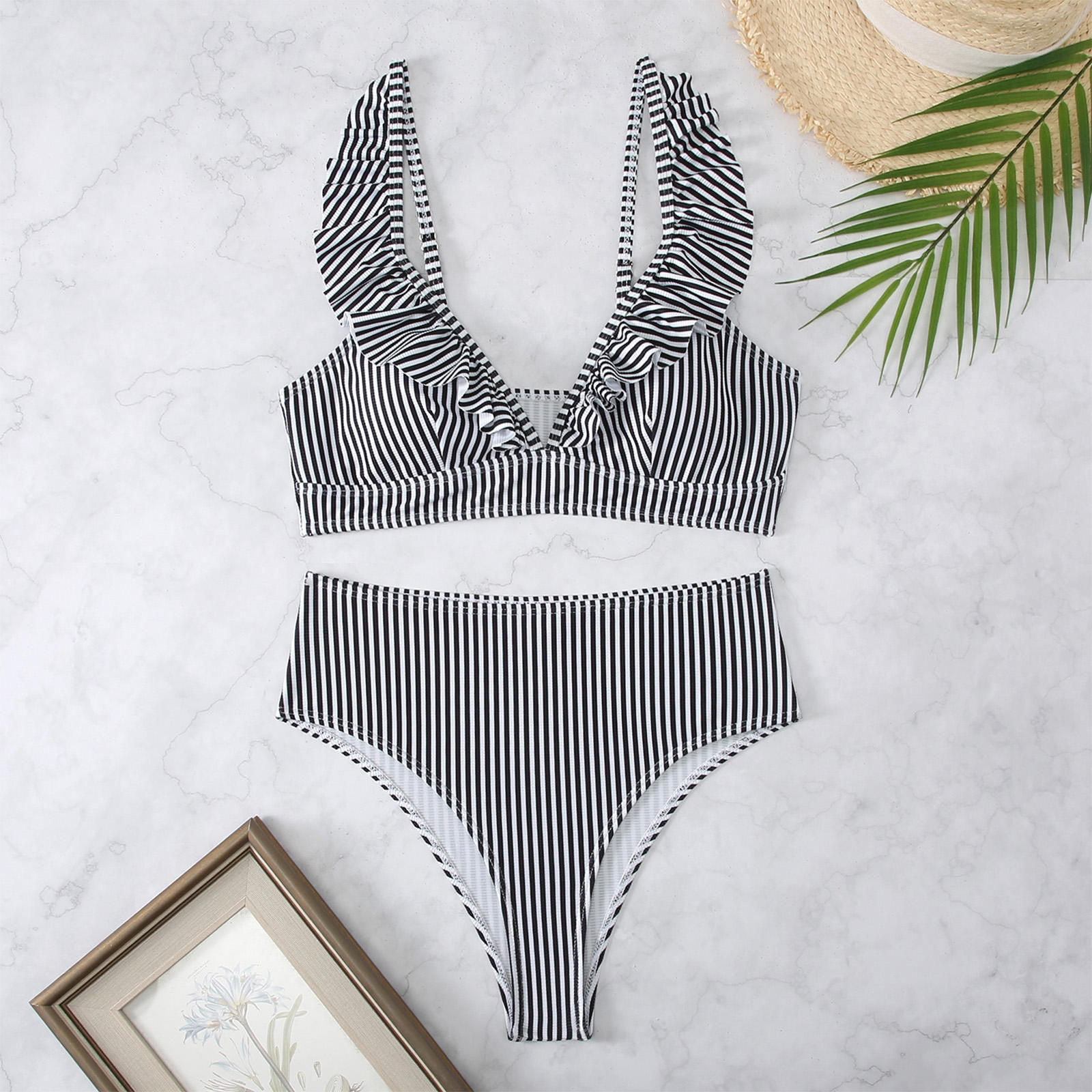 striped ruffle high waisted bikini set