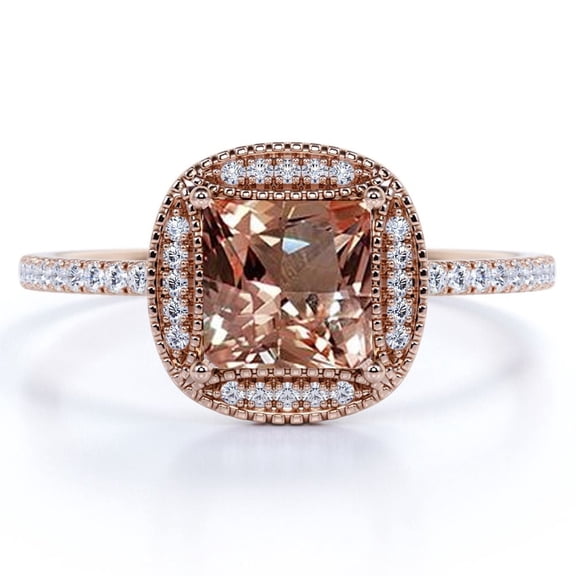 JeenMata Art Deco 1.75 Carat Princess cut created morganite and Moissanite Engagement Ring in 18k Gold Over Sterling Silver