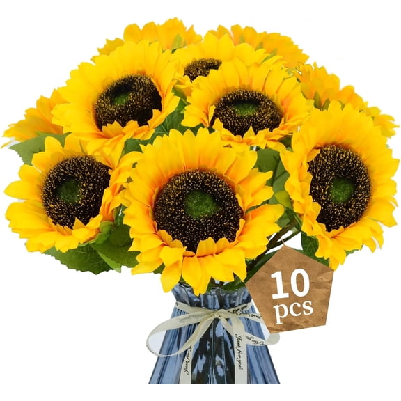 Artificial Sunflowers with Stems, 10 Pcs 4 Inch Sunflowers Artificial Flowers, Faux Silk Yellow Fake Flower Bouquet for Vase Decor Wedding Table Home Porch Indoor Outdoor Cemetery Decoration