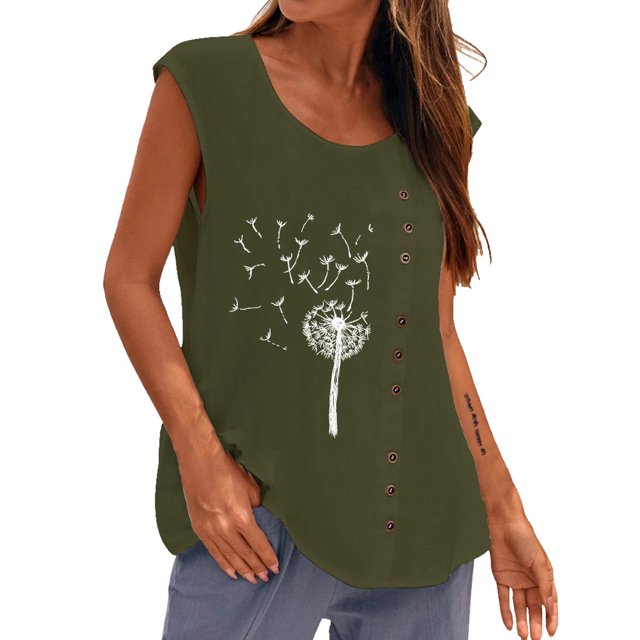 Hauts de Sortie pour Femmes Col Rond Imprimé à Boutons Sans Manches Débardeur Basique Décontracté Coupe Ample Blouse d'Été Chemise