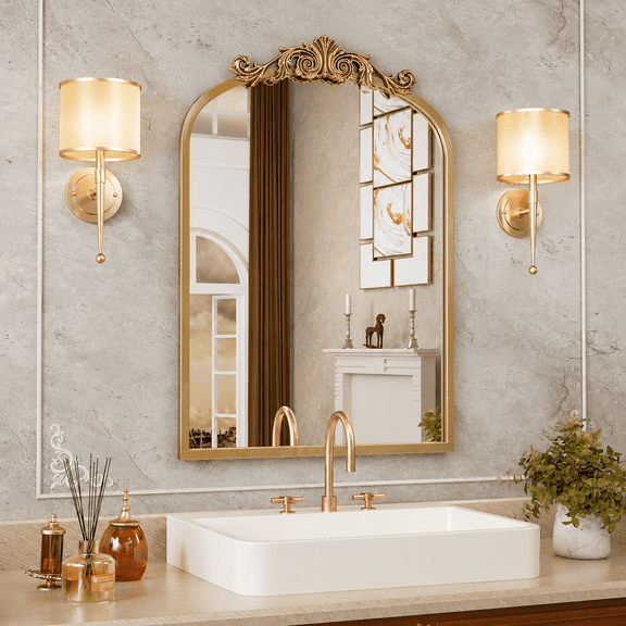 Swafrrt 20" x 32" Antique Gold Baroque Arch Wall Mirror, Vintage Bathroom Mirror with Aluminum Frame