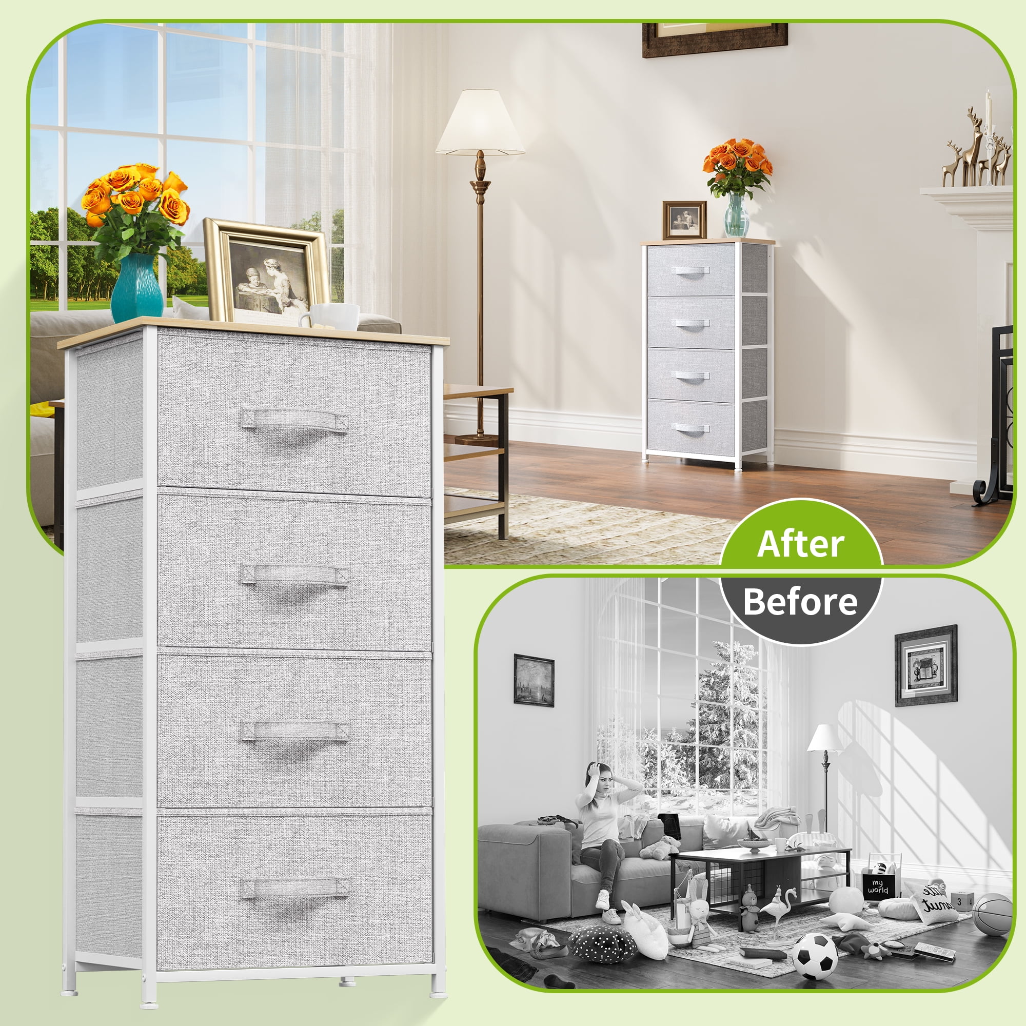 DEXTRUS 4-Drawer Fabric Dresser, Lightweight Chest for Adults & Kids, Storage Closet – Light Gray