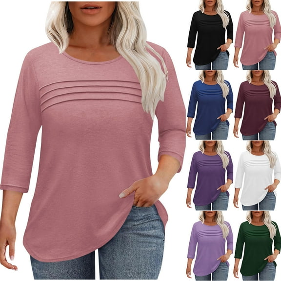 QATAINLAV Plus Size Fall Clothes for Women 3/4 Length Sleeve Tops Casual Pleated Front Cotton Basic Tee Shirts Solid Color Loose Pullover Tunics, Black, XL
