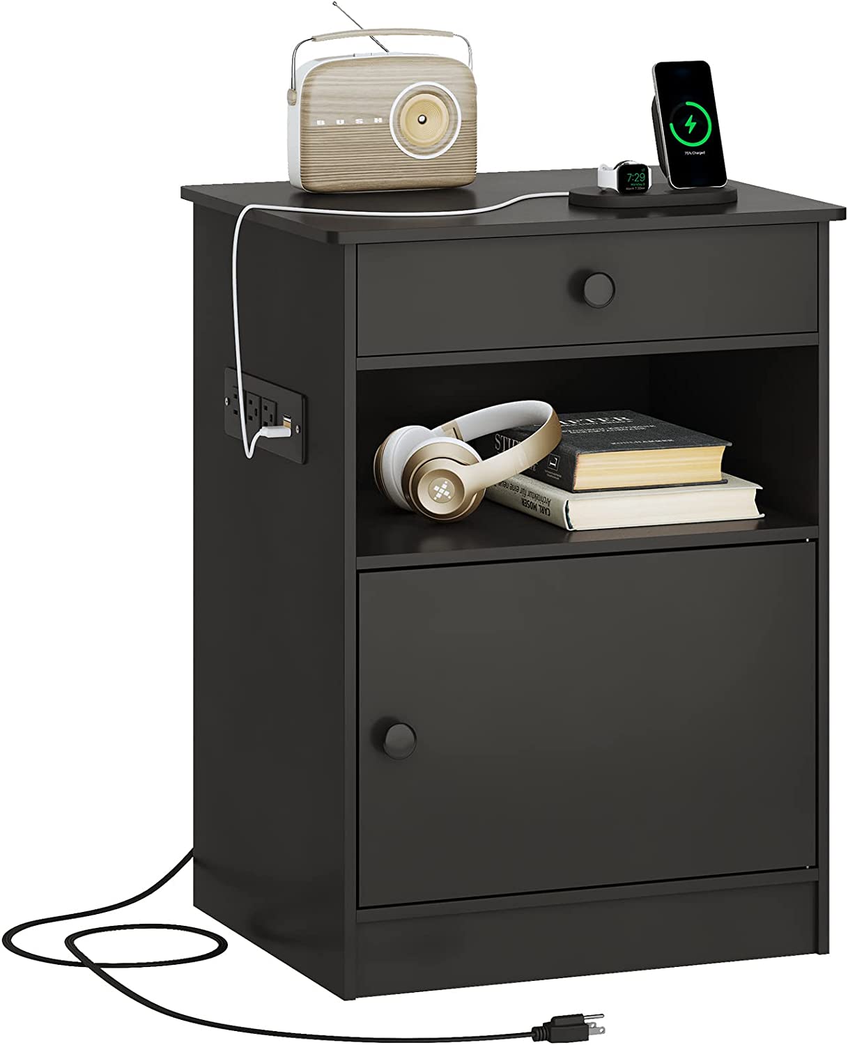 EPHEX Nightstand with Charging Station and USB Ports, Modern Bedside