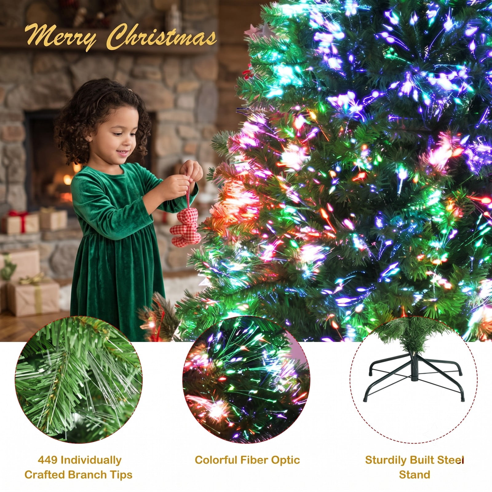 RUIE 5 FT Pre-Lit Fiber Optic Artificial Christmas Tree, Multi-Color LED Spruce Xmas Tree with Stand for Home Office Holiday Indoor Decoration, Green
