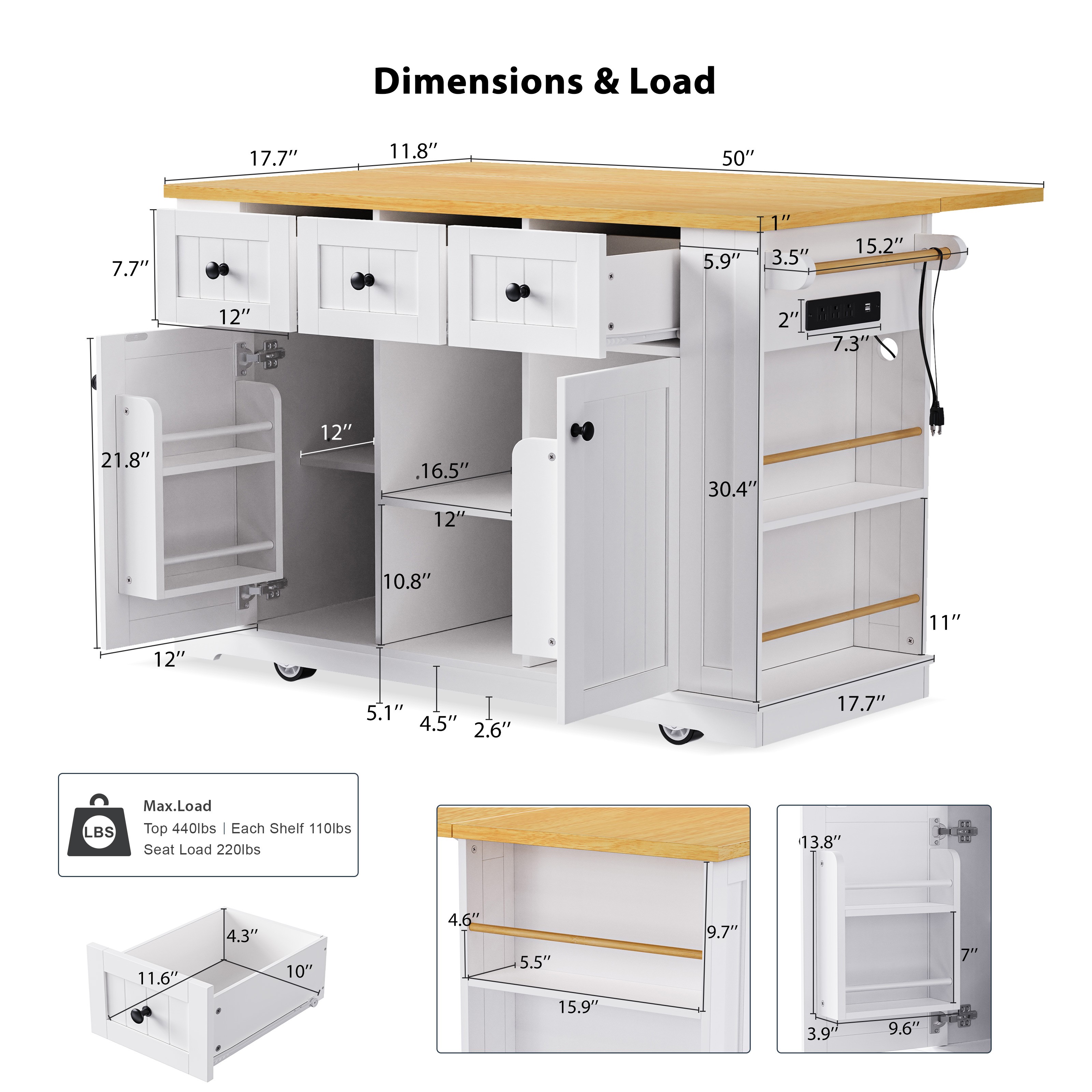 53" Island Table for Kitchen with Drop Leaf, Power Outlet, Kitchen Island with Storage, Rolling Kitchen Cart on 5 Wheels with 5 Open Side Racks (Not include bar stools)