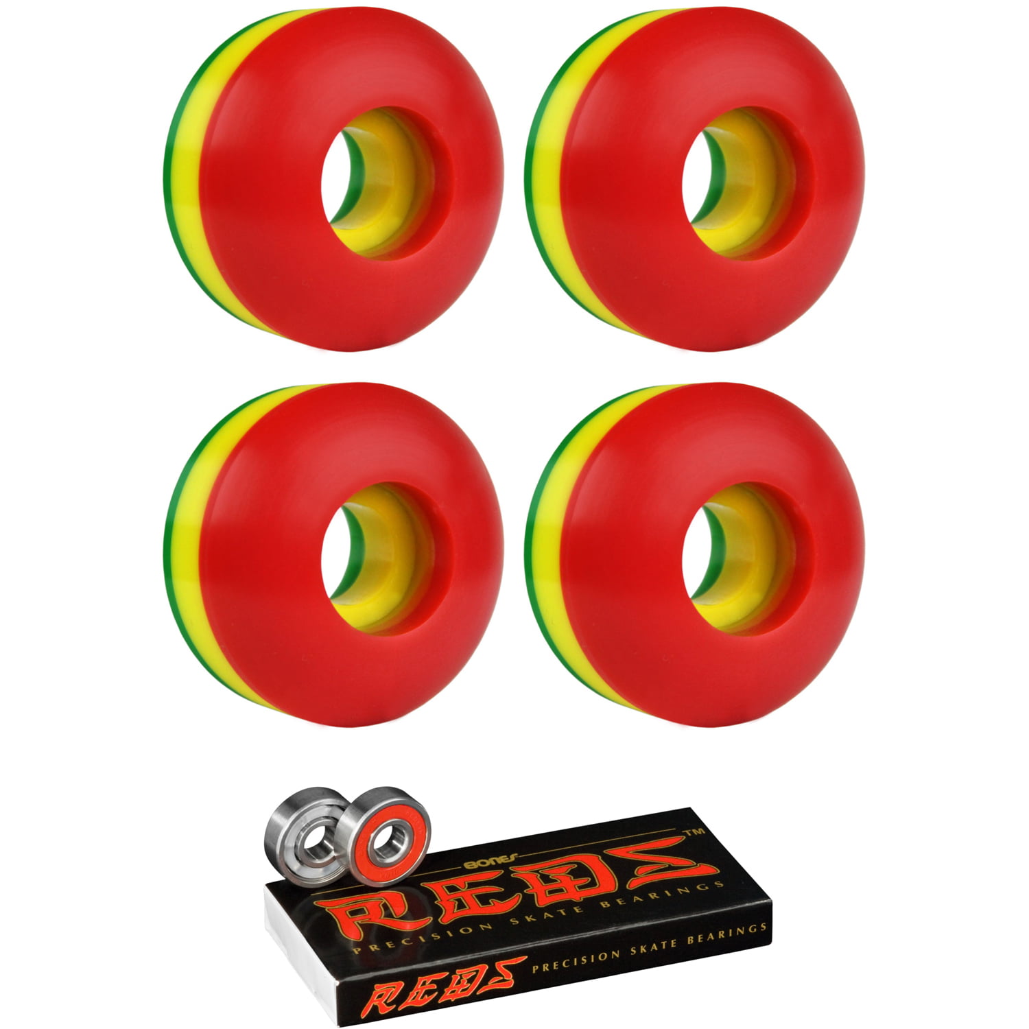 Skateboard Wheels 102A 50mm Rasta Tri-Color with BONES REDS BEARINGS
