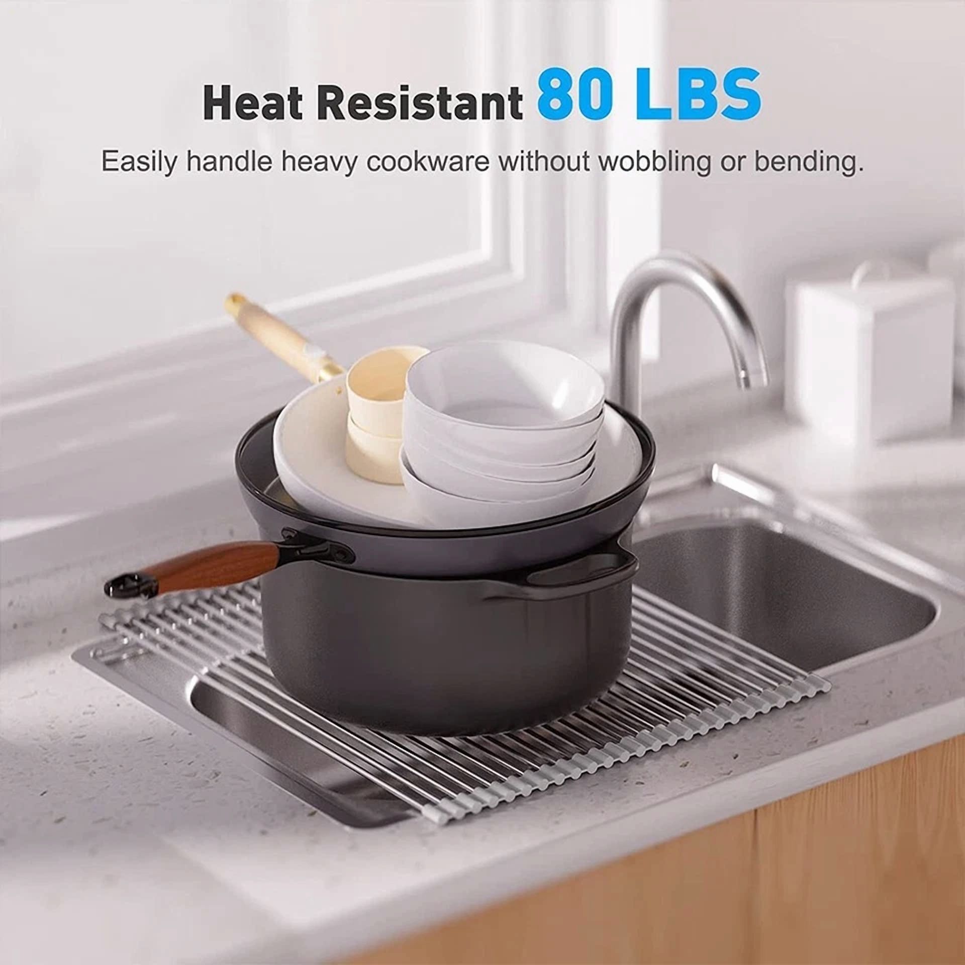 CRESTIN- Kitchen Over The Sink Drying Rack Dish Food Drainer Stainless Steel Roll Up Gray