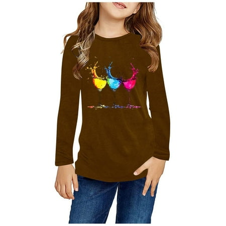 

ATOGUTA Long Sleeve Shirts for Teen Girls Brown Long Sleeve Shirts Soft Crewneck Long-Sleeve T-Shirts Graphic Tees Size 3T-14