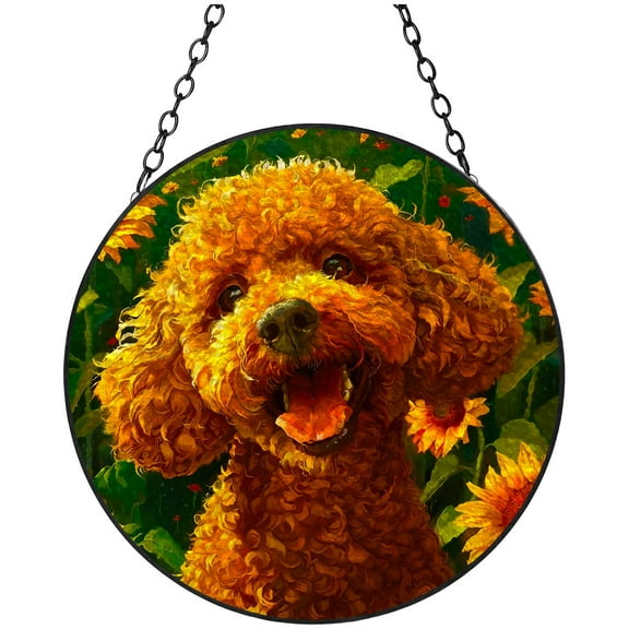 Cute Brown Poodle Dog in Sunflowers Stained Glass Suncatcher Handmade Window Hanging Colored Glass Suncatcher Crafts Kits for Indoor Garden Decor Memorial Gift 16x16cm(3)
