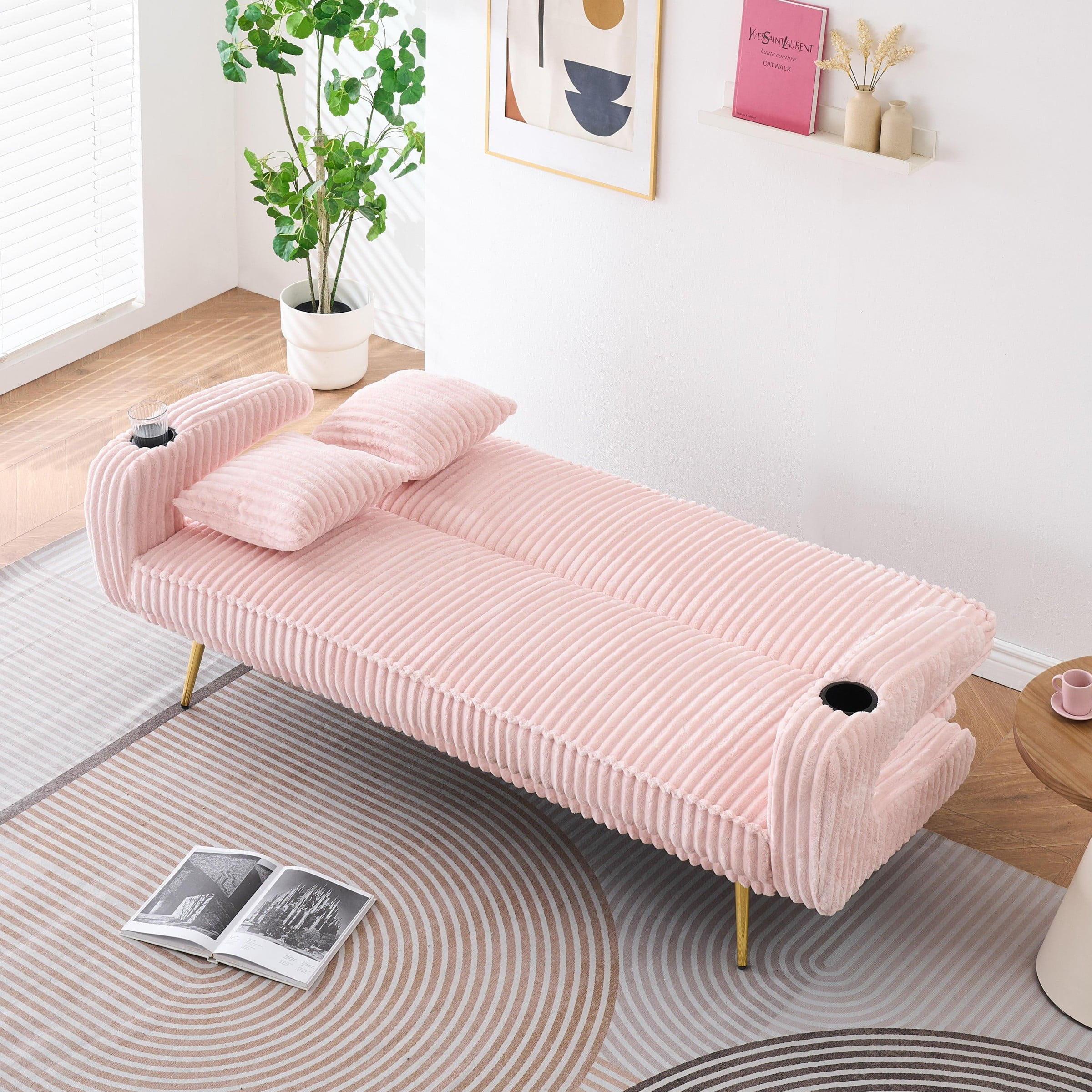Corduroy Futon Sofa Bed with Pillows,74 inch Modern Convertible Loveseat Sleeper Bed with Adjustable Backrest for Living Room,Pink