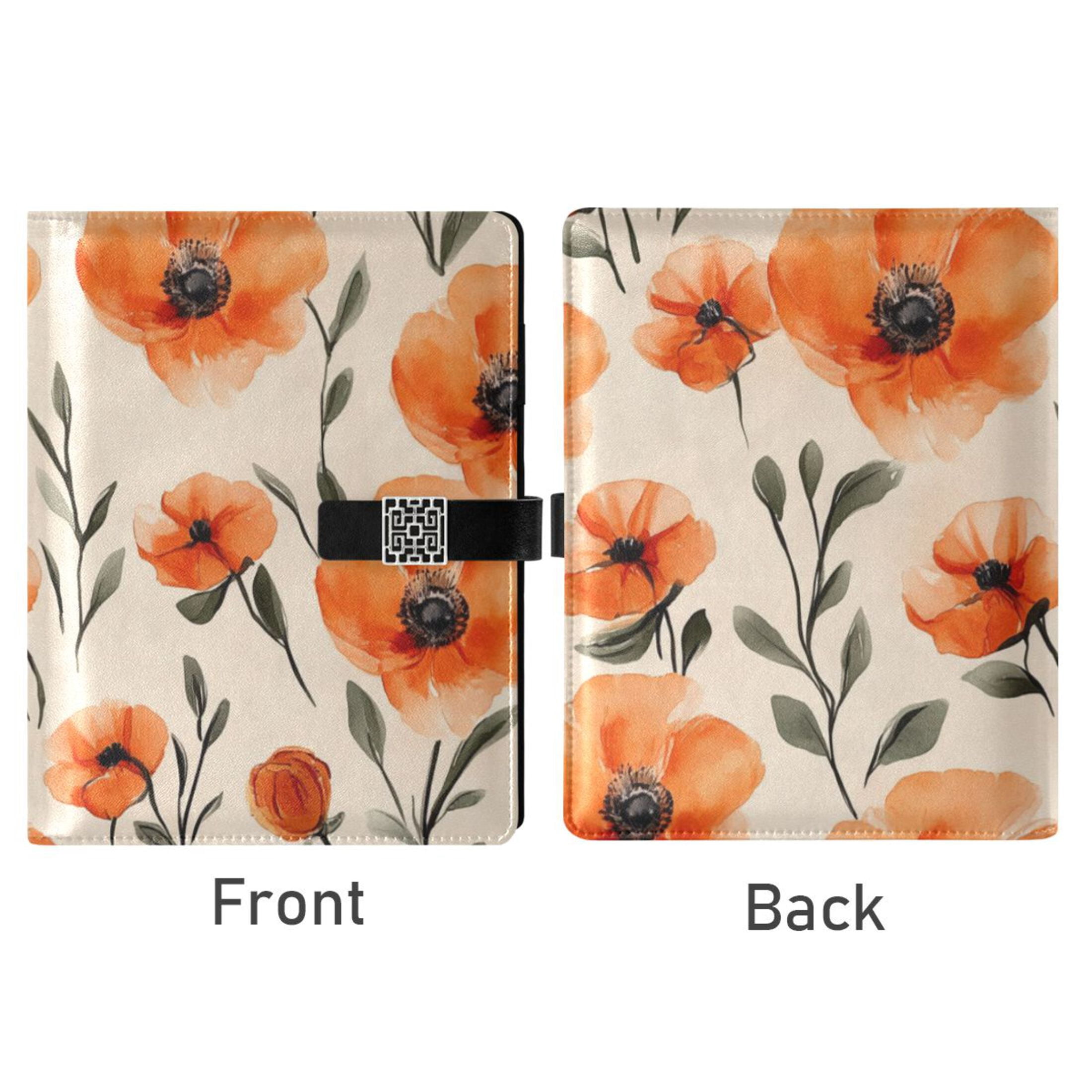 Watercolor Style Orange Flowers Leather Journal Notebook for Men Women A5 Hardcover Notebook with Pockets for Work Business Travel