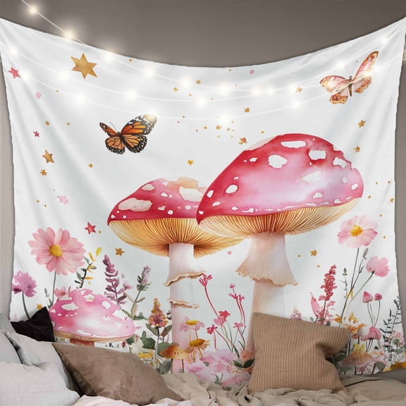 Pink Mushroom Tapestry for Bedroom Wall Hanging Tapestry, Botanical Floral Spring Summer Ceiling Backdrop Tapestries Poster Blanket Wall Decor for Teens Room Living Room Dorm 59" x 90"