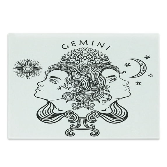 Zodiac Gemini Cutting Board, Romantic Horoscopes Day and Night with Happy and Sad Faces, Decorative Tempered Glass Cutting and Serving Board, Large Size, Black and White, by Ambesonne