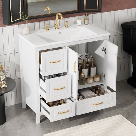DTTRA 36" Freestanding Bathroom Vanity with Resin Sink, 2 Doors and 4 Drawers, Black