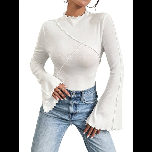 Camiseta de Larga Acampanada con Cuello Alto Y2K para Mujer, Camisa Ajustada con Ribete en Forma de Lechuga XXL