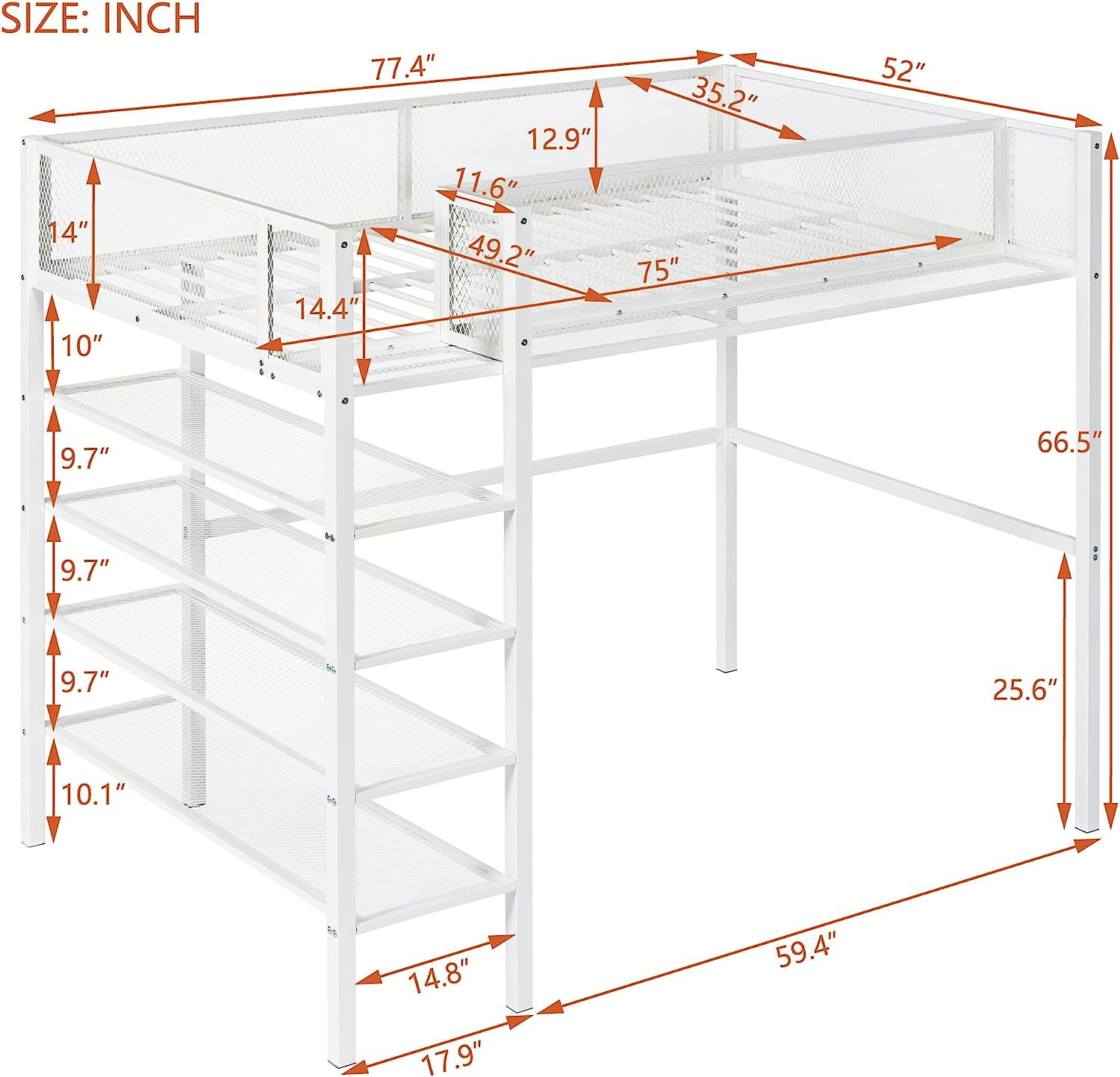 DEALTOPS Twin Size Metal Loft Bed with 4-Tier Shelves and Storage - White