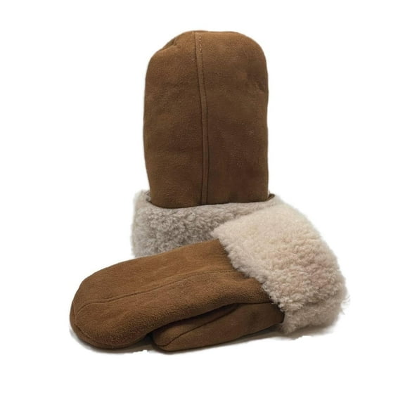 Men's Shearling Sheepskin Leather Fur Mittens, Saddle Tan/Off White Fur, X-Large