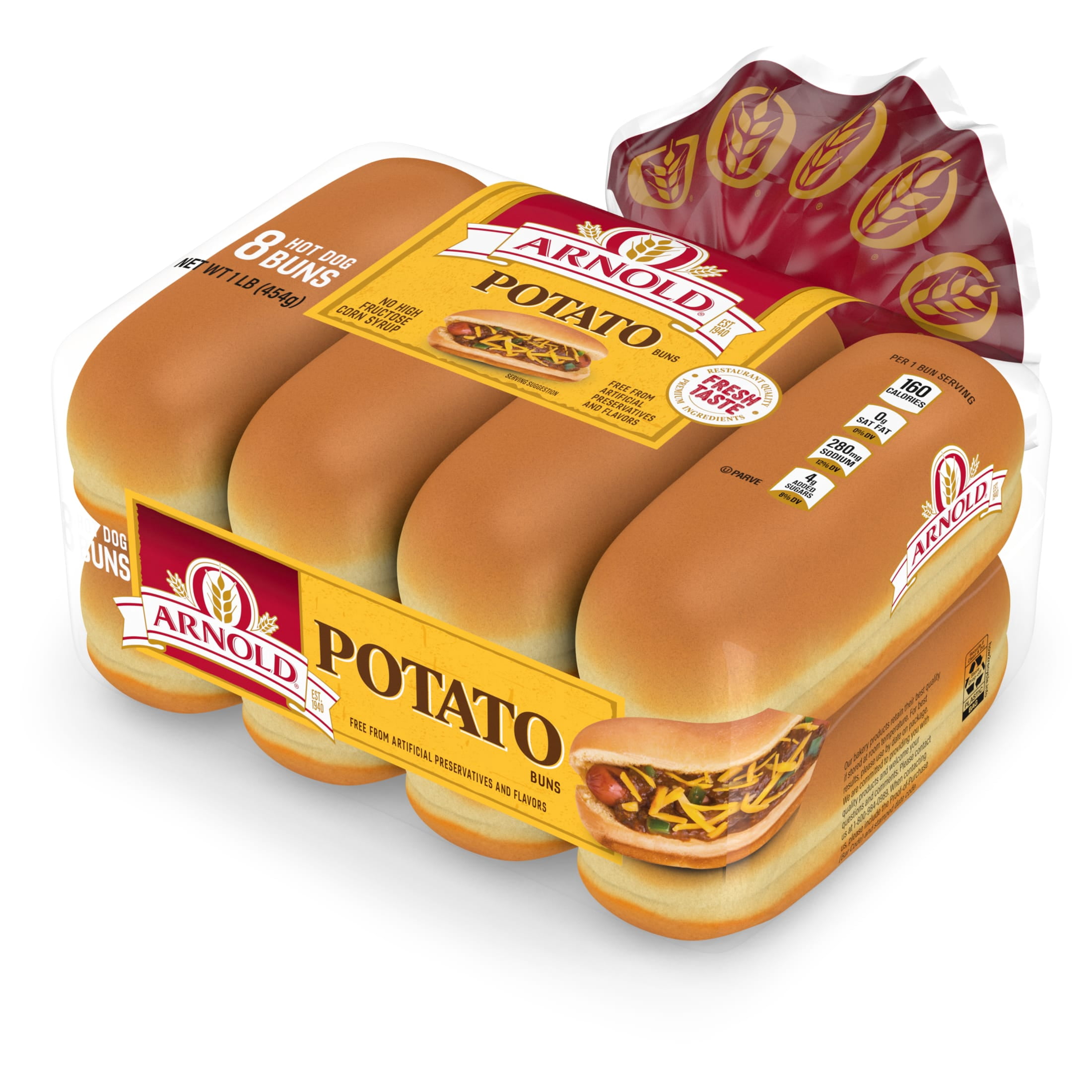 Arnold Potato Buns, 8 count, Hot Dog Buns, 16 oz Bag