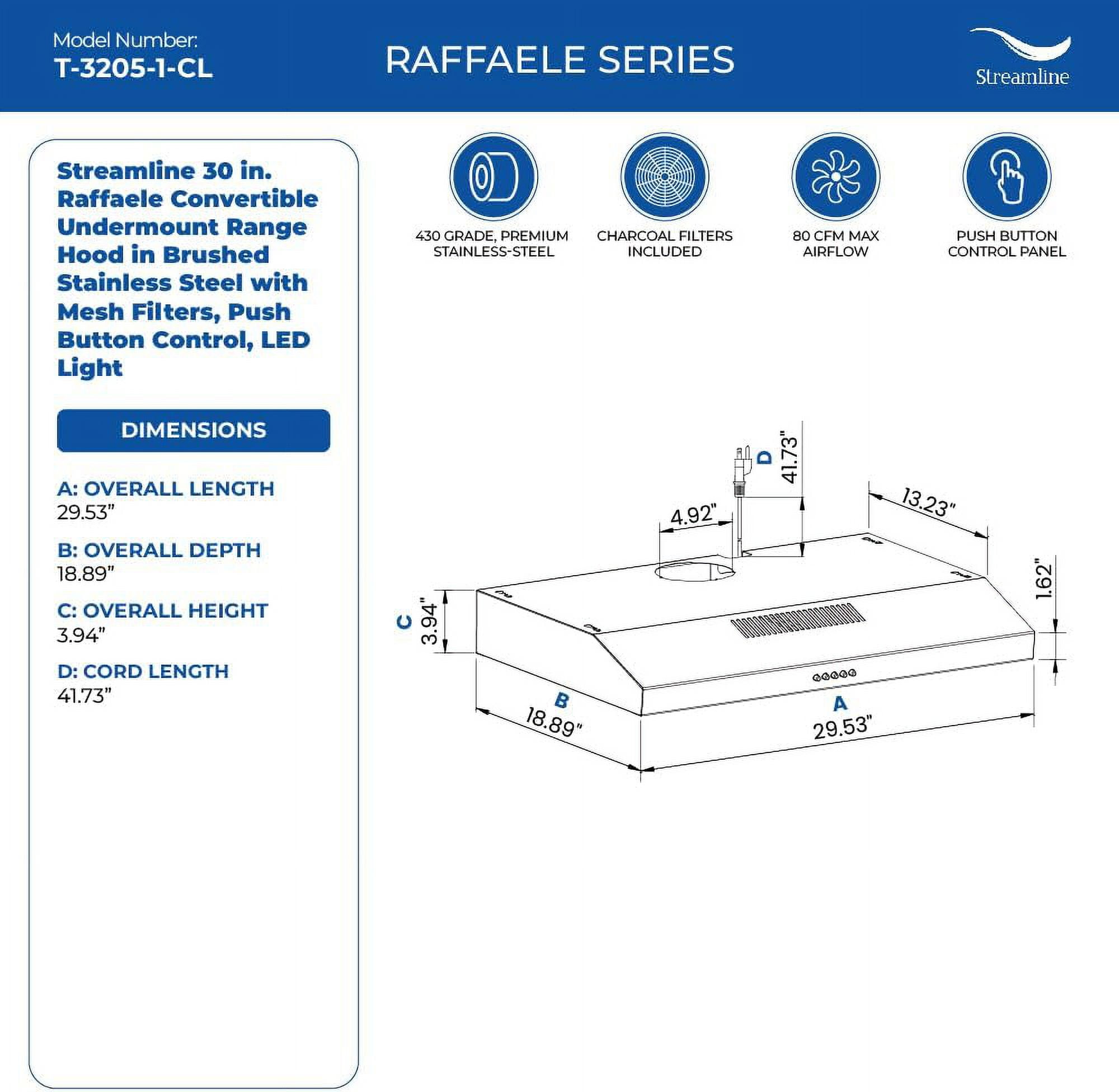 Streamline 30 in. Raffaele Convertible Undermount Range Hood in Brushed Stainless Steel with Mesh Filters, Push Button Control, LED Light