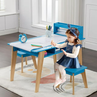 Bateso Kids Art Table and 2 Chairs with Roll Paper, Craft Table with Large Storage Shelves, Drawing Desk, Kids Activity Table and Study Table