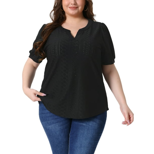 Blusas de verano de mujer plus size Agnes Orinda, con escote en V, mangas cortas y diseño hueco, talla 3X, color negro