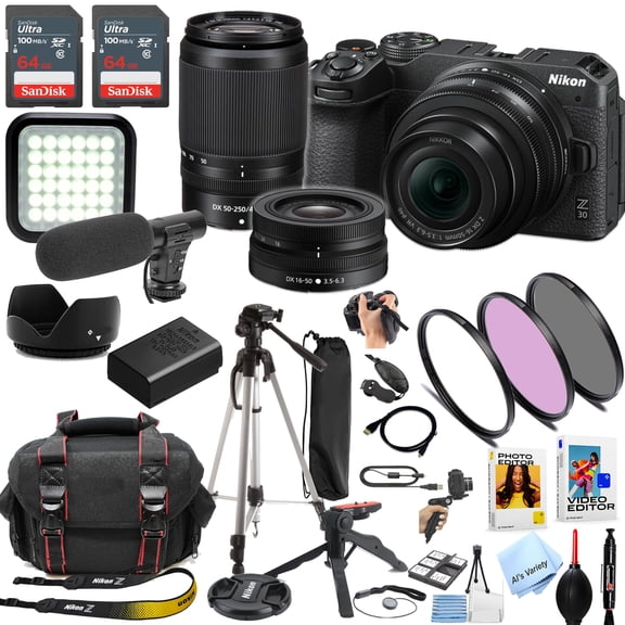 Nikon Z30 Mirrorless Digital Camera W/Nikkor Z 16-50mm & 50-250mm Lenses   128GB Memory, LED Light, Microphone, Filters, Case, Tripod, and More(International Model)