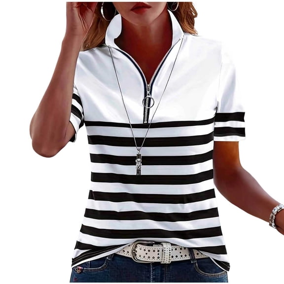 hotojiny Womens Golf Shirts Short Sleeve Quarter Zip Summer Tops Fashion Striped Casual Collared Tennis Activewear