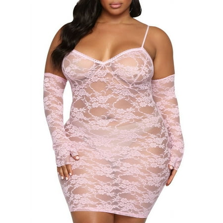 

KVMeteor Women s Plus Size Sexy See Through Lace Long Sleeve Pajamas Nightgown