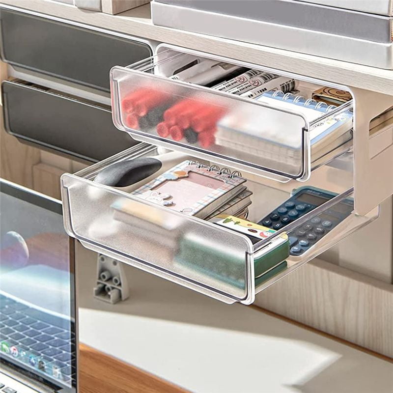Under Desk Storage Drawer Slide Out, Self-Adhesive Organizer, Attachable Drawer Organizer with 2 Layers White