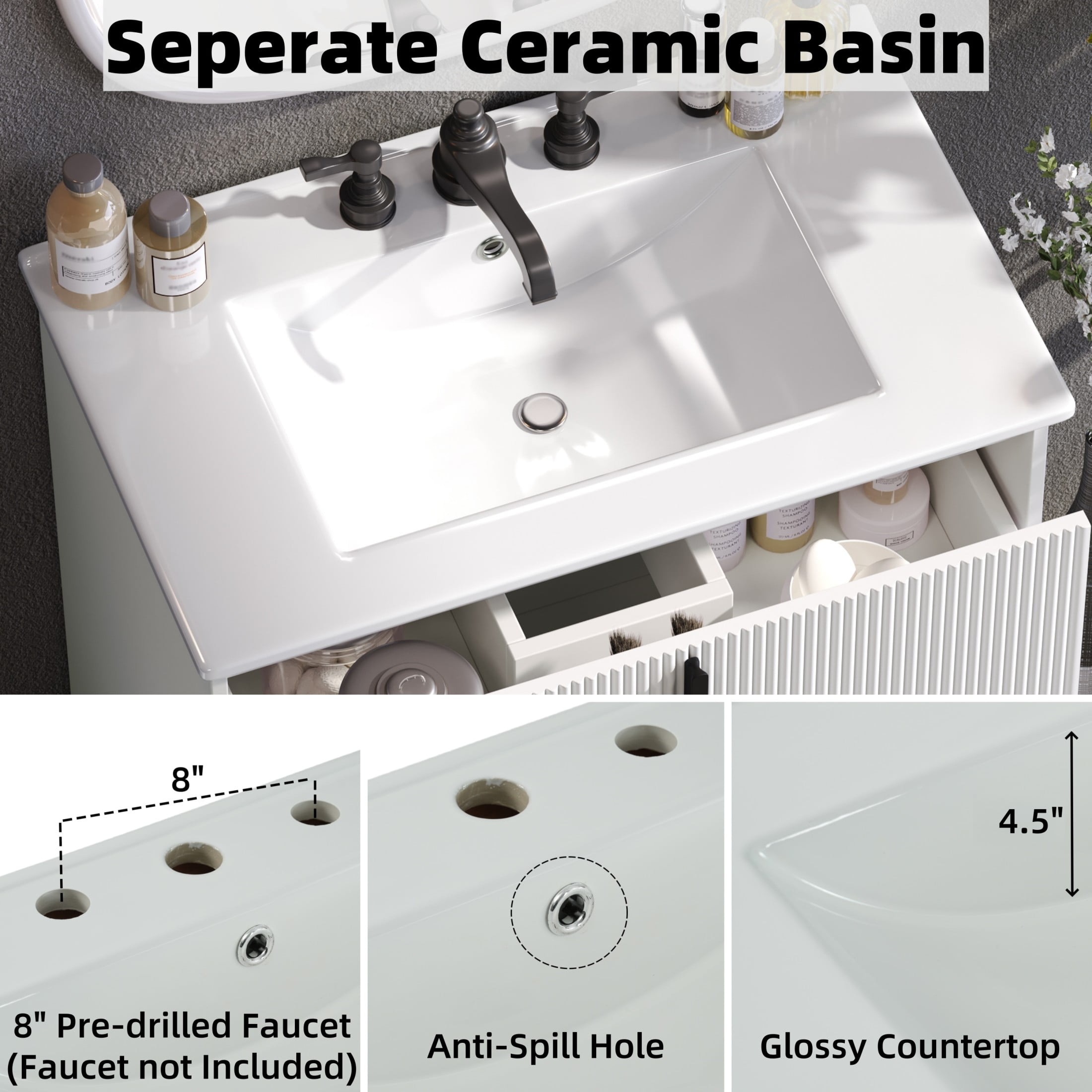 Christopher Knight Home 30" White Bathroom Vanity with Ceramic Sink, Soft Close Drawers, Black Metal Legs