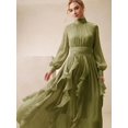 thumbnail image 6 of Womens Green Long Sleeve Pleated Ruched Waist Maxi Dress With Ruffle Hem, 6 of 6