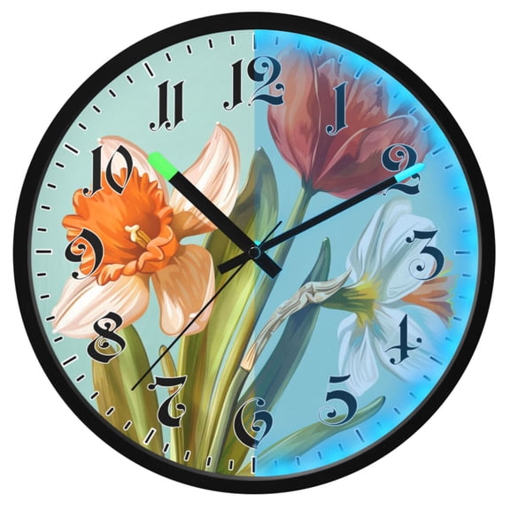 Ryvnso Blooming Daffodils Tulips Flowers 12 Inch Night Light Wall Clock Luminous Silent Battery Operate Clocks