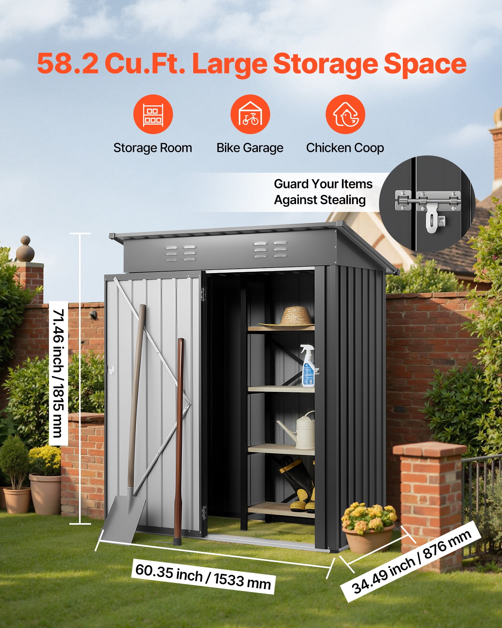 VEVOR 5 x 3 FT Metal Garden Shed, Storage Building with Lockable Door & 2 Louver Vents, Sloped Roof Metal Outdoor Storage Shed, Tool Sheds Outdoor Storage for Backyard, Garden, Patio, Bike, Gray