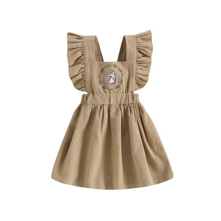 

Baby Girl Easter Dress Infant Cute Sleeveless Bunny Embroidery Ruffle Suspender Overall Dress Khaki