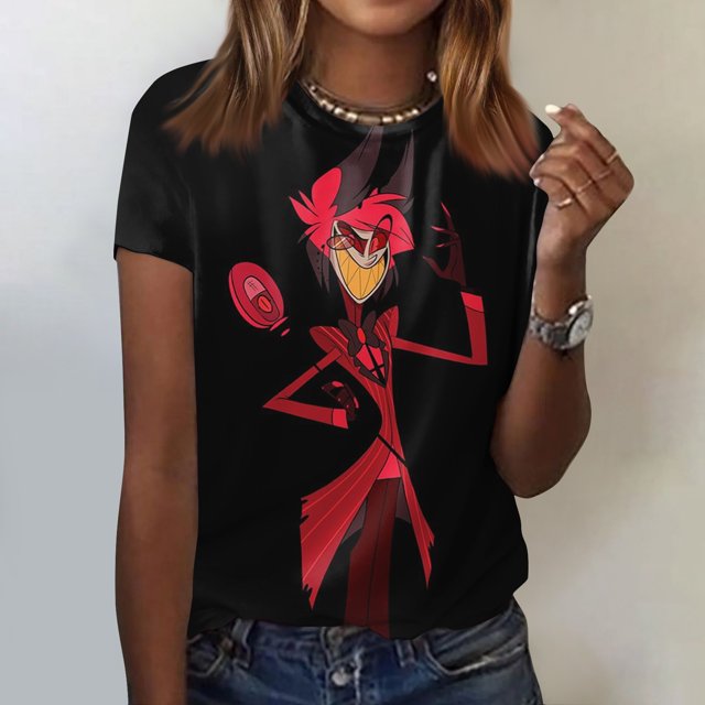 Hazbin Hotel Moda Casual Mujer Impreso Cuello Redondo Manga Corta Camiseta Top Negro/S