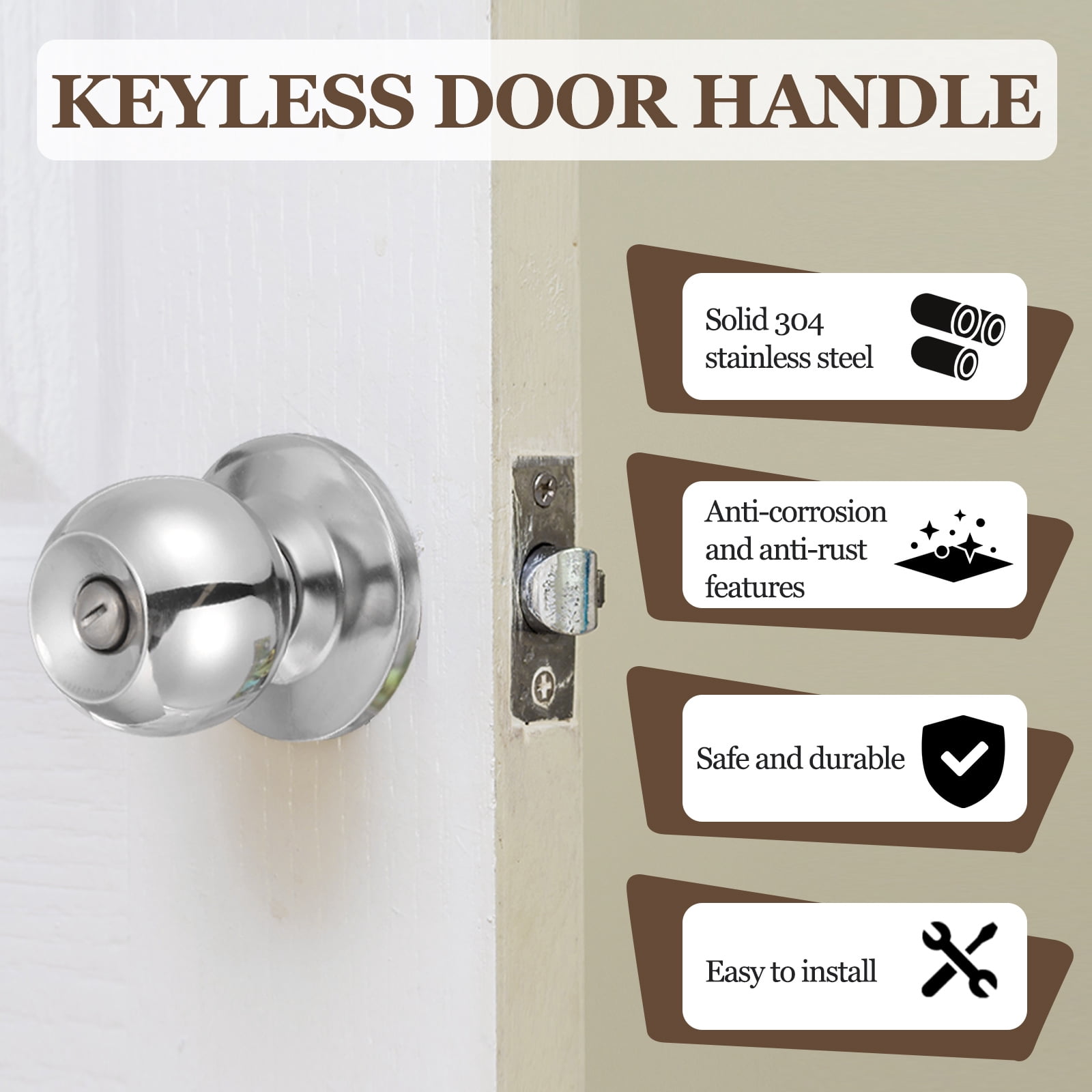 Privacy Door Knob, Round Interior Door Handles Keyless Turn Lock Doorknob with Screws Fits 0.98"-1.77" Thickness for Bedroom, Bathroom Closets, Silver Tone