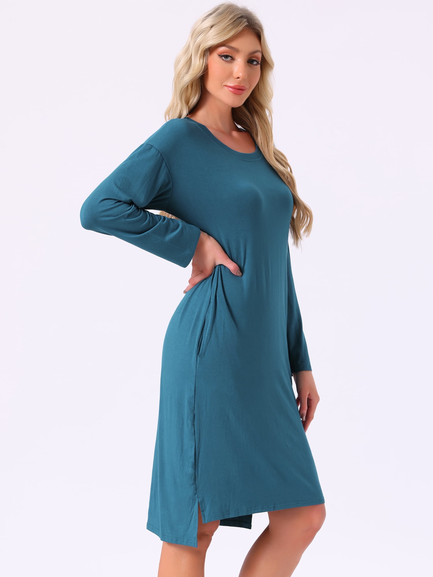 DARING DIVA Women's Long Sleeve High Low Hem Rayon Sleepdress with Pockets L Blue