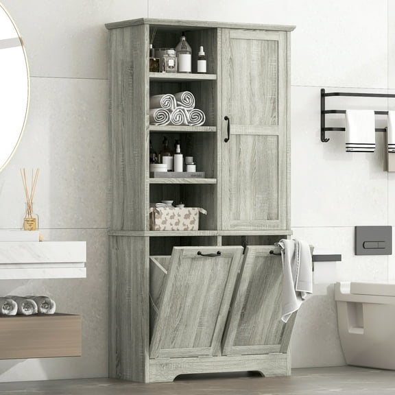Bathroom Storage Cabinet with 2 Laundry Hamper, Wooden Bathroom Pantry Cabinet with 1 Cabinet and 4-Layer Shelves for Living Room, Oak