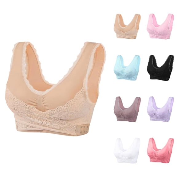 Sports Bras for Women Plus Size Front Cross Lace Trim Side Closure Seamless Wireless Push Up Bralettes Workout Yoga Bra