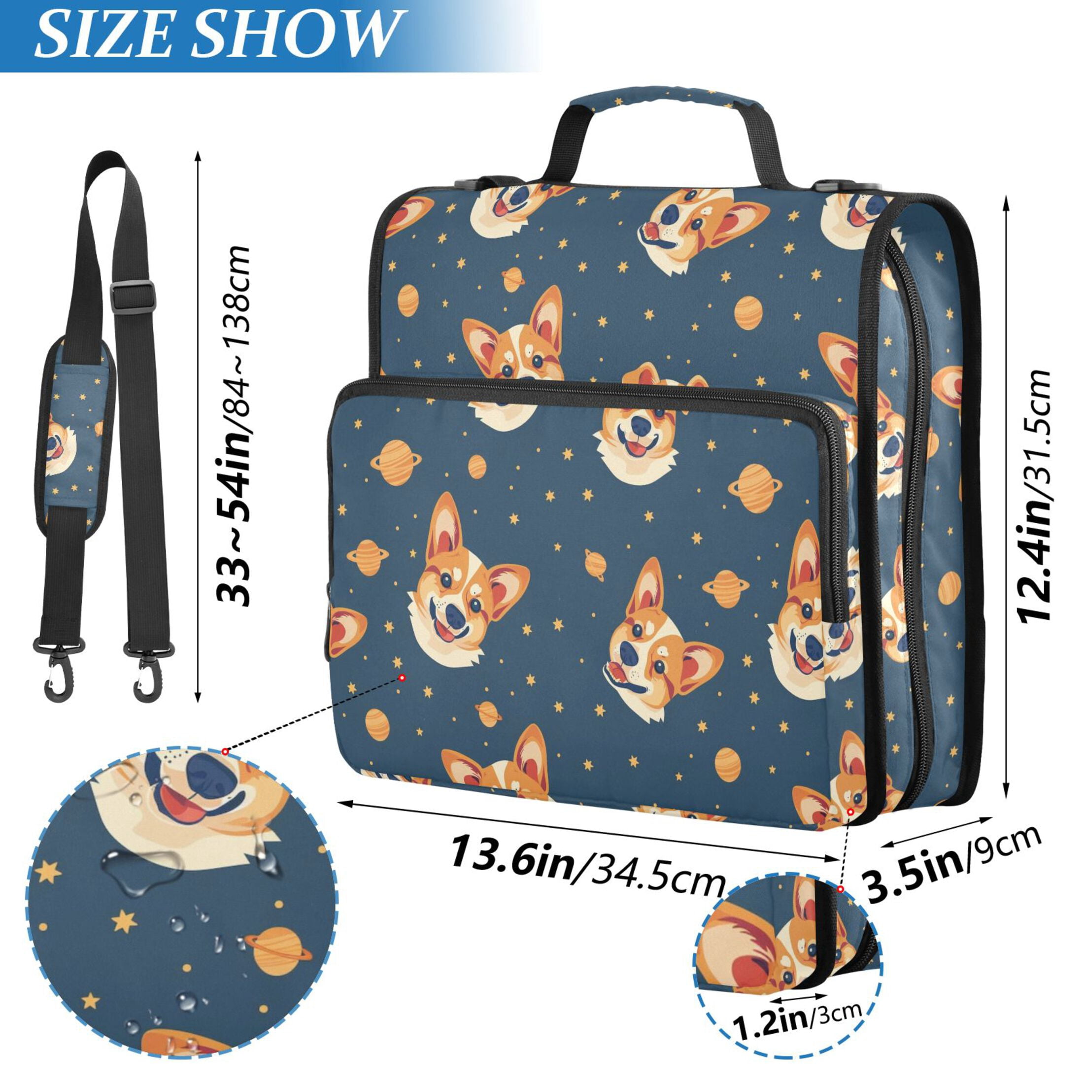 3 Ring Zipper Binder with Shoulder Strap Waterproof Trapper Keeper 2 Inch D-Ring 500 Sheets Capacity Corgi Dog and Planet