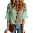 thumbnail image 2 of Puntoco Short Sleeve Women Tops ,Womens Fashion Color Block Shirts Short Sleeve Crewneck Knitted Spring Summer Tops Casual Trendy Green L(L), 2 of 9