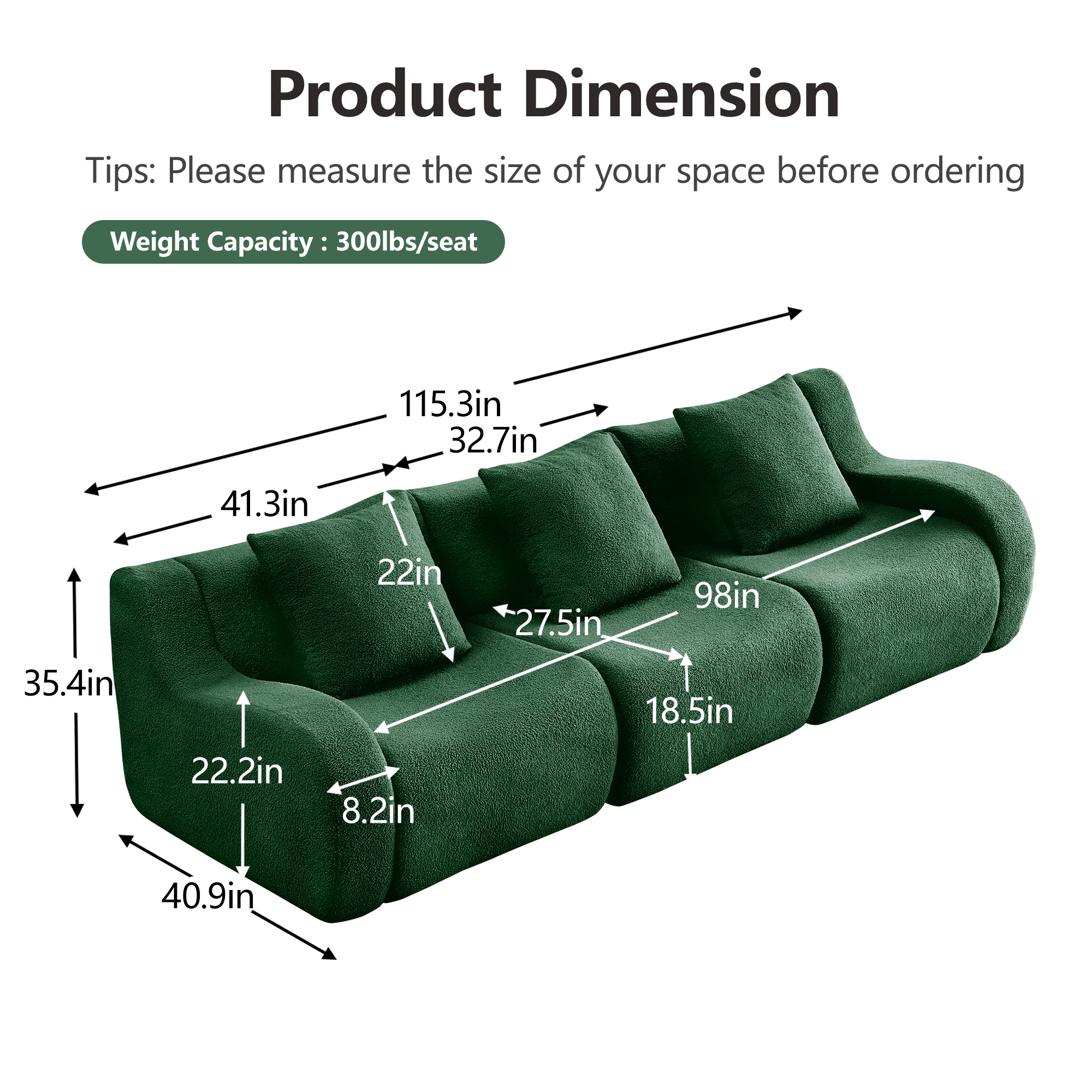 Alvantor Sectional Sofa 115" W 3-Seater Teddy Boneless Couch Modern Deep Seat Cloud Sofa for Living Room Green