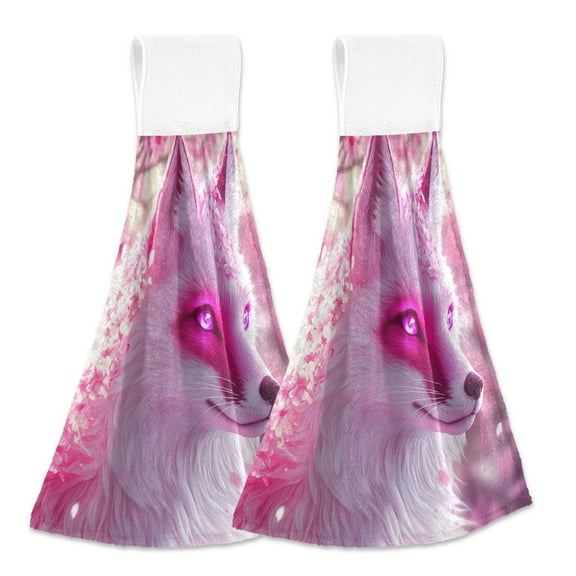 BZSMCE Hanging Hand Towels Fashion Elegant White Fox in Blossoms Pattern 2-Pack - Velcro Style Bathroom Kitchen Towels