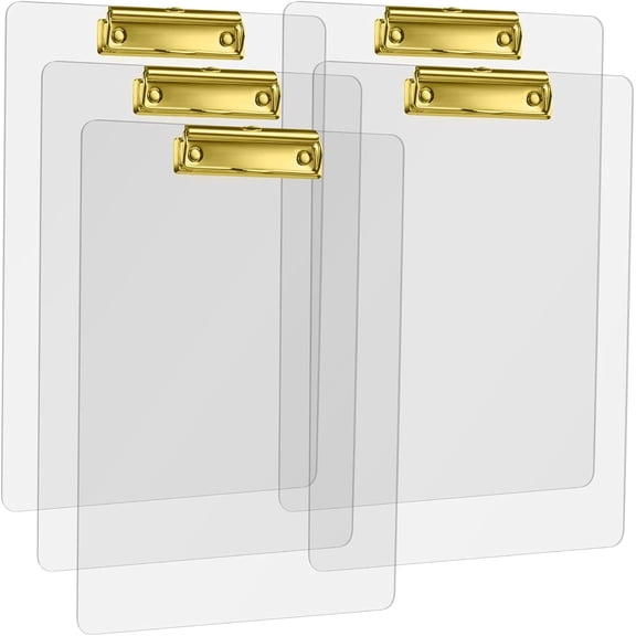 5 Pcs Thick Acrylic Clear Clipboards Cute Transparent Gold Clipboard with Strong Clip and Hidden Hanging Hole for A4 Paper, Art Student, Drawing, Office, School, Warehouse, Classroom,