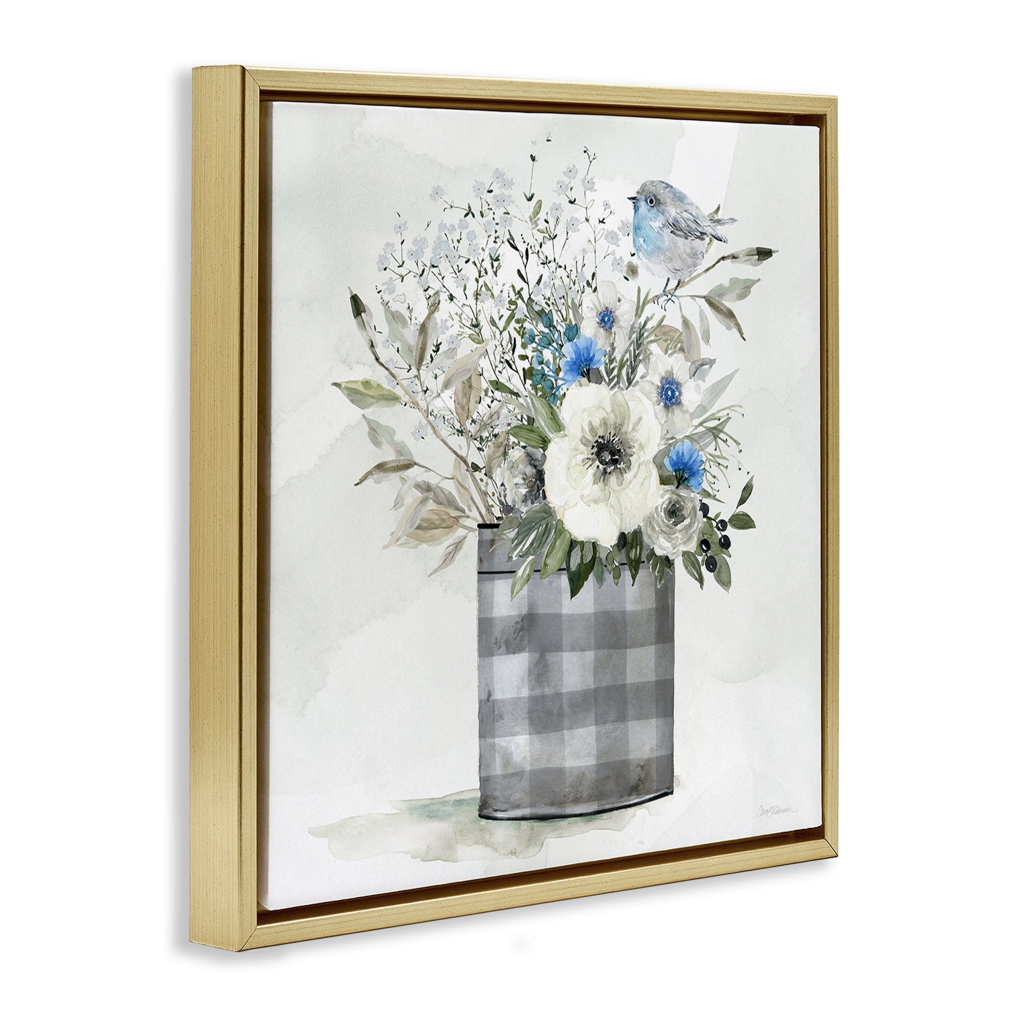 Stupell Industries Country Plaid Flower Vase Plants & Flowers Painting Gold Floater Framed Canvas Art Print Wall Art, 18 x 18