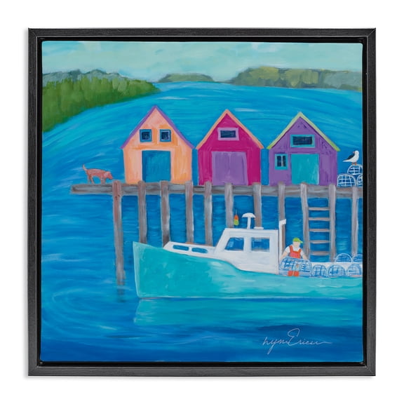 Stupell Industries Rustic Lodge Work Day at Seaside Village Black Floating Frame Canvas Art, 18 x 18, by Lynn Ericson Fine Art